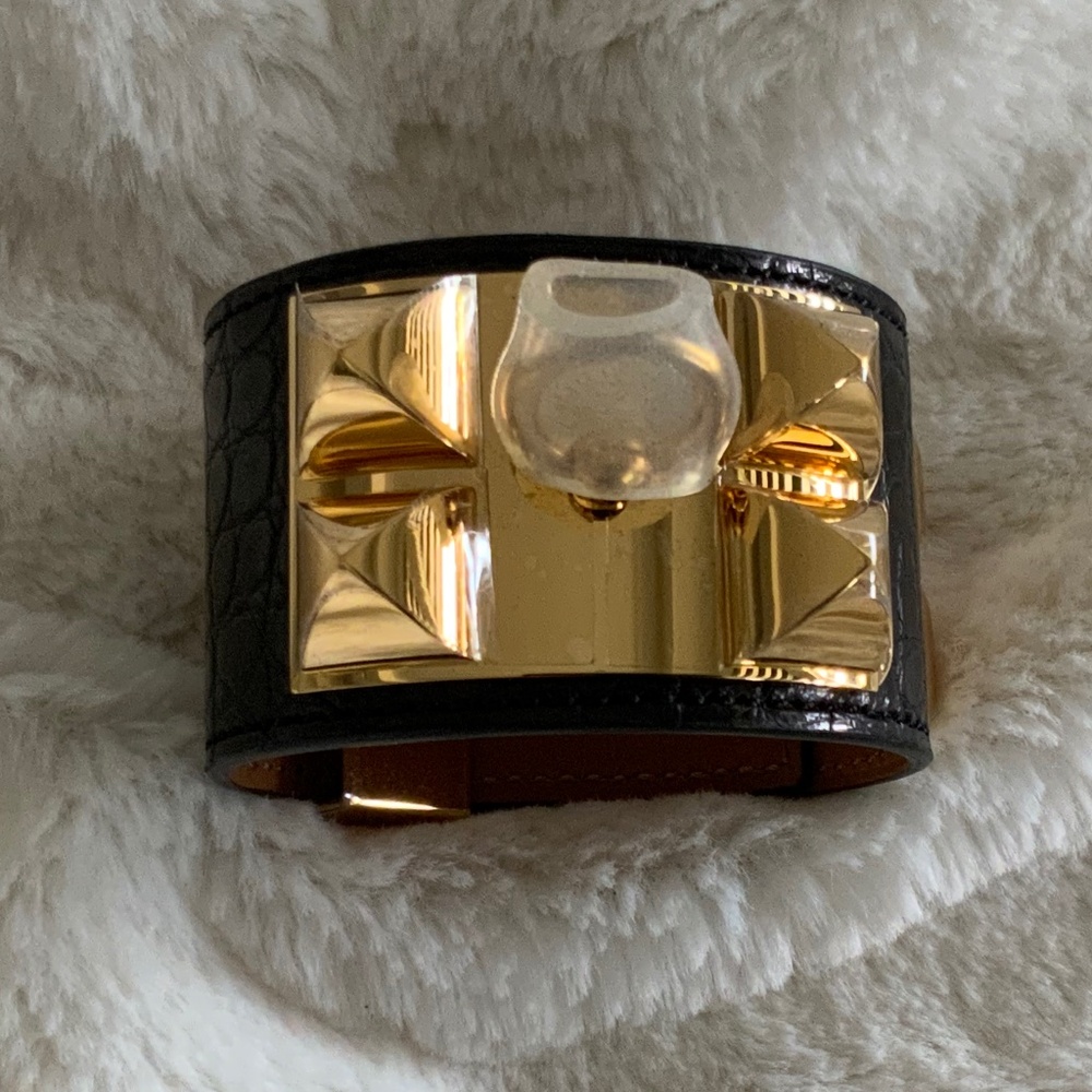 Authentic Hermes CDC Collier de Chien Matte Alligator Bracelets GOLD NOIR GHW
